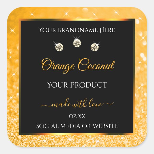 Luminous Orange Glitter Stars Black Product Labels (Front)