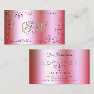 Luminous Pink Green Colour Gradient Ornate Initial Business Card