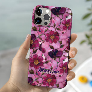 Luminous Pink Red Stained Glass Botanical Floral iPhone 16 Case