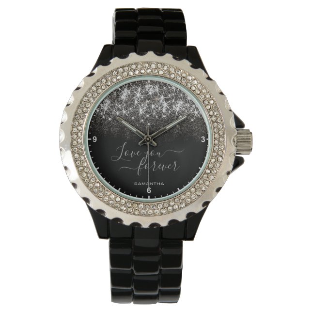 Luminous Platinum Silver Glitter Elegant Name Text Watch (Front)