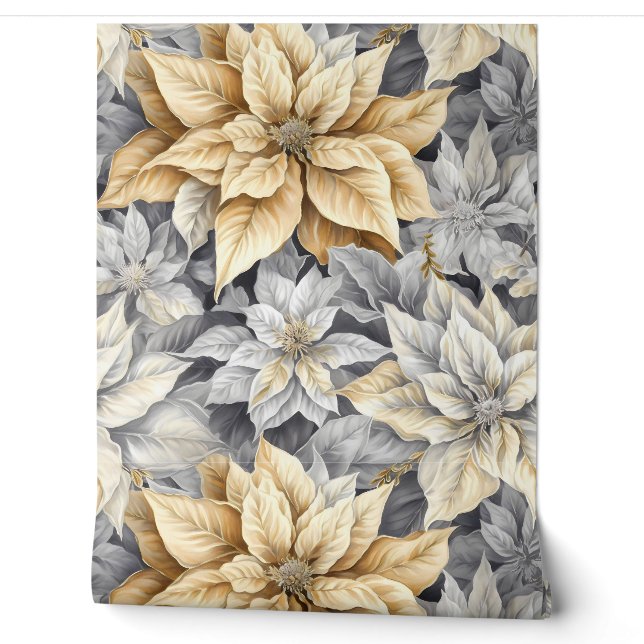 Luminous Poinsettia Splendour Botanical Wallpaper (Unrolling)