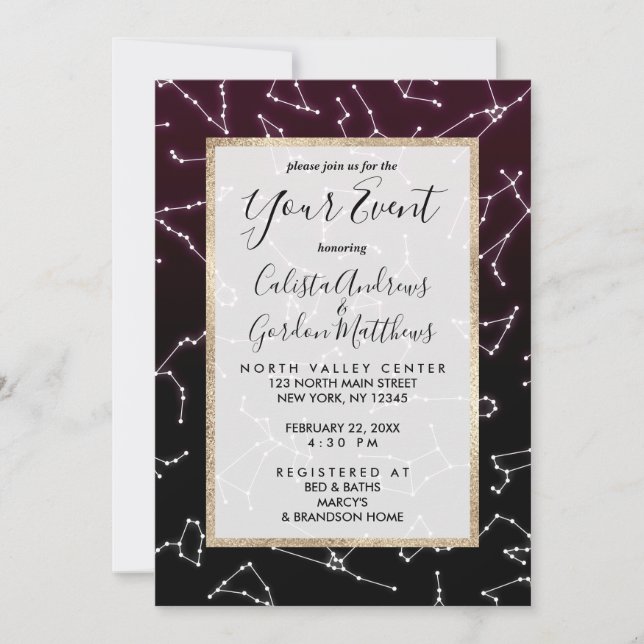 Luminous Purple White Zodiac Constellation Stars Invitation (Front)