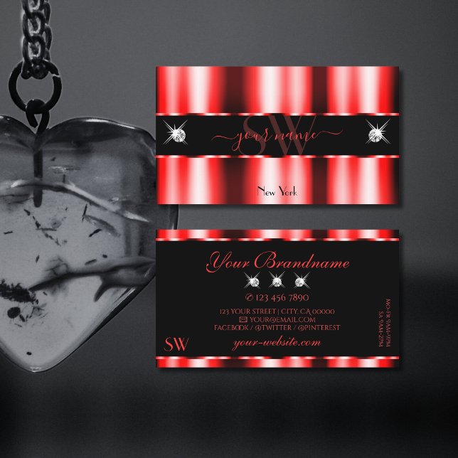 Luminous Red Black Sparkle Jewels Initials Stylish Business Card (Creator Uploaded)