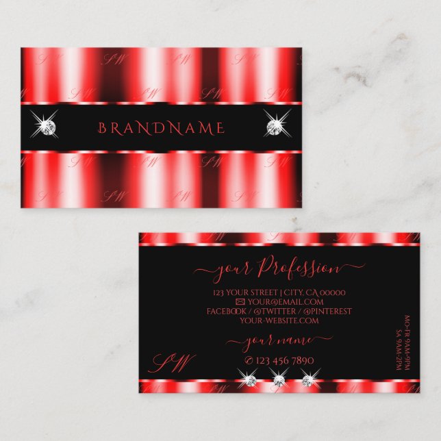 Luminous Red Black Sparkle Jewels Monogram Stylish Business Card (Front/Back)