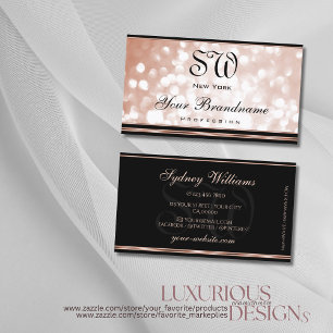 Luminous Rose Gold Glitter Black Monogram Luxury  Business Card