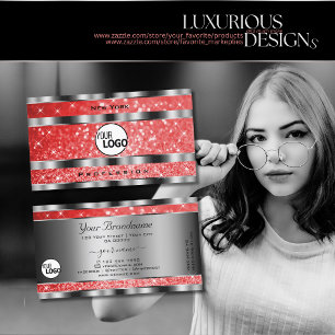 Luminous Ruby Red Glitter Stars and Logo Silver Business Card