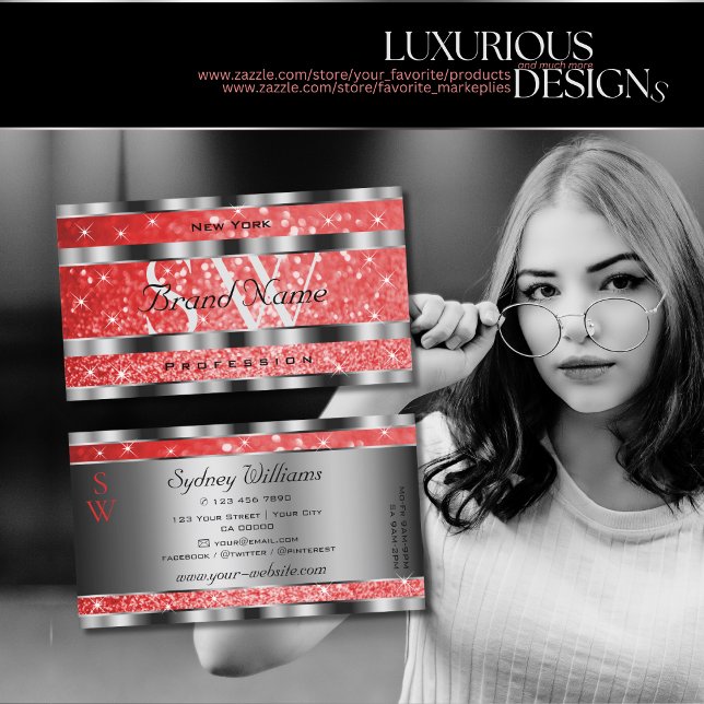 Luminous Ruby Red Glitter Stars Initials Silver Business Card (Creator Uploaded)