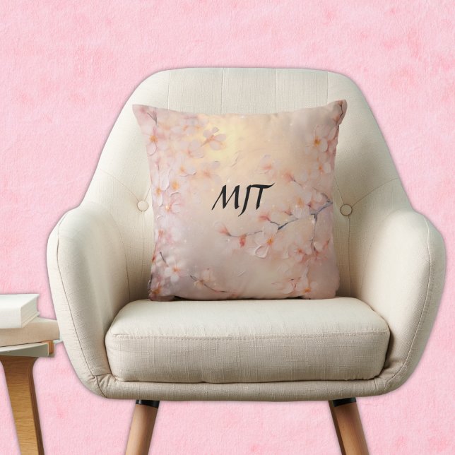 Luminous Sakura Cherry Blossom Branches Monogram Cushion (Creator Uploaded)