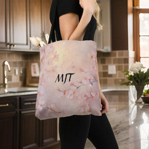 Luminous Sakura Cherry Blossom Branches Monogram Tote Bag
