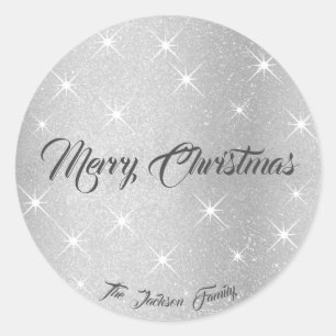 Luminous Silver Glitter Stars Personalizable X-Mas Classic Round Sticker