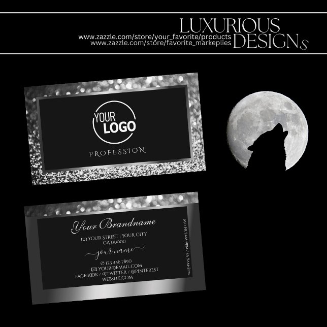 Luminous Silver Sparkle Glitter Logo Black Elegant Business Card (Creator Uploaded)