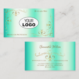 Luminous Teal Gold Ornate Corner Border with Logo Business Card