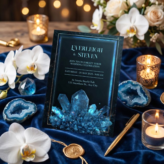 Luminous Teal Midnight Quartz Frame Wedding Invitation (Creator Uploaded)
