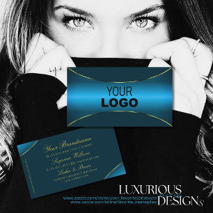 Luminous Teal with Gold Shimmer Border and Logo Business Card