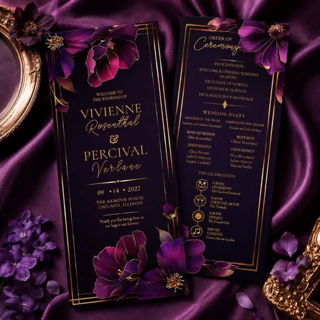 Luminous Violets Purple Floral Wedding Program Programme (Elegant Luminous Violets Wedding Program)