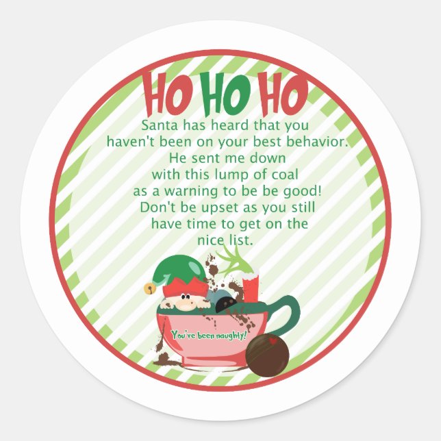 Lump of coal cocoa bomb label, you've been naughty classic round sticker (Front)