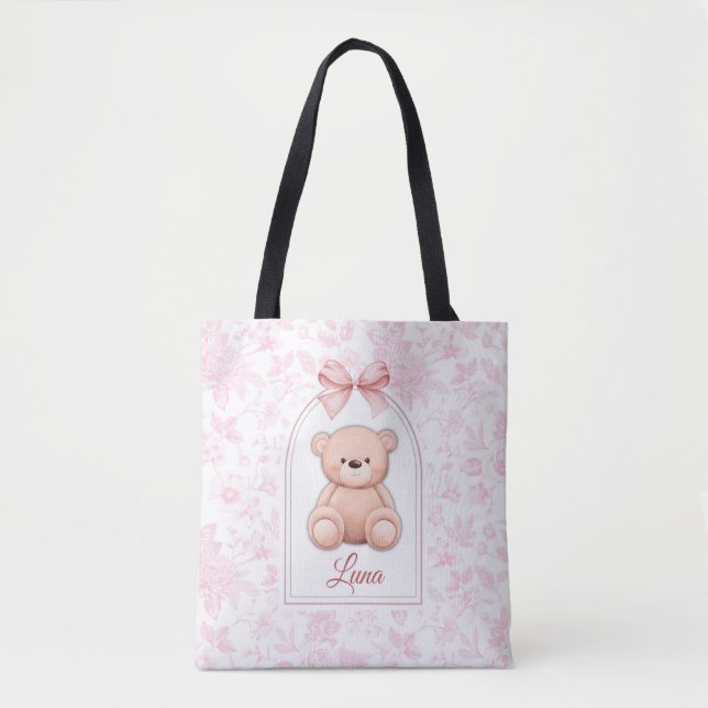 Luna | Custom Pink Teddy Bear Nursery Design  Tote Bag (Front)