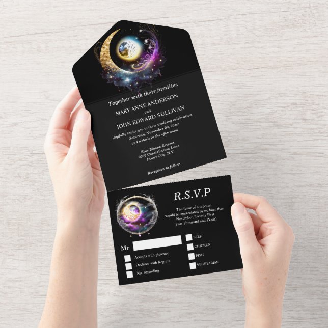 Luna full moon crescent celestial mystical elegant all in one invitation (Tearaway)