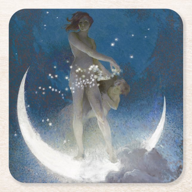Luna Goddess at Night Scattering Stars Square Paper Coaster (Front)