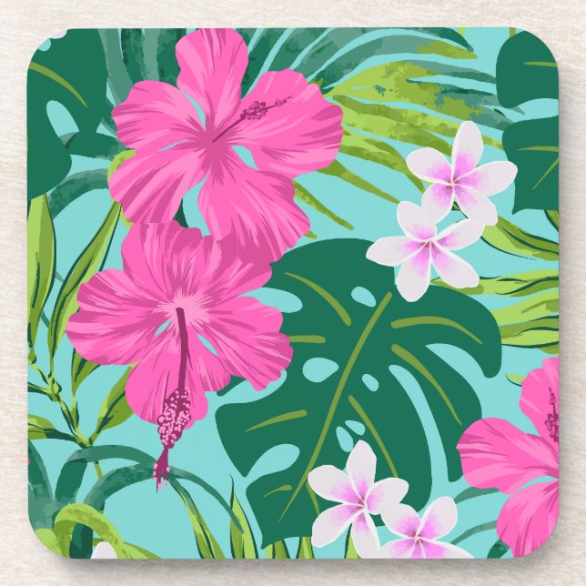 Luna Hibiscus Garden Hawaiian - Pink and Turq Coaster (Front)