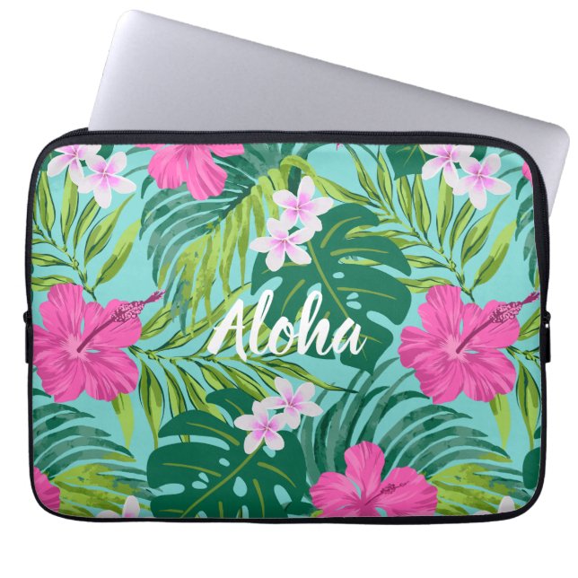 Luna Hibiscus Garden Hawaiian - Pink and Turq Laptop Sleeve (Front)
