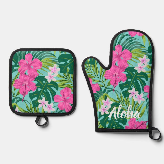 Luna Hibiscus Garden Hawaiian - Pink and Turq Oven Mitt & Pot Holder Set (Front)