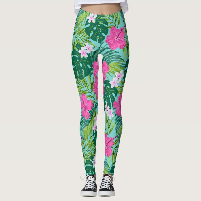 Luna Hibiscus Garden Hawaiian - Pink and Turquoise Leggings (Front)