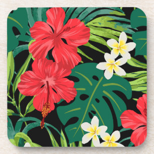 Luna Hibiscus Garden Hawaiian - Red and Black Coaster