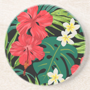 Luna Hibiscus Garden Hawaiian - Red and Black Coaster
