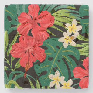Luna Hibiscus Garden Hawaiian - Red and Black Stone Coaster