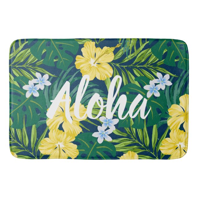 Luna Hibiscus Garden Hawaiian - Yellow and Navy Bath Mat (Front)
