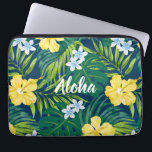 Luna Hibiscus Garden Hawaiian -Yellow and Navy Laptop Sleeve<br><div class="desc">Yellow, Evergreen, Lime, Blue and Navy Colorway. Hibiscus and plumeria flowers dance over a backdrop of monstera and palms leaves. These flowers are commonly used in apparel for aloha shirt and muu muus creating a design reminiscent of the Hawaiian prints of the 50s and 60s. Customise the word- keep Aloha...</div>