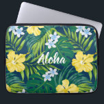 Luna Hibiscus Garden Hawaiian -Yellow and Navy Laptop Sleeve<br><div class="desc">Yellow, Evergreen, Lime, Blue and Navy Colorway. Hibiscus and plumeria flowers dance over a backdrop of monstera and palms leaves. These flowers are commonly used in apparel for aloha shirt and muu muus creating a design reminiscent of the Hawaiian prints of the 50s and 60s. Customise the word- keep Aloha...</div>