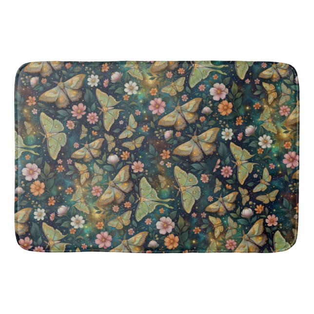 Luna Moth and Moon Phases, Starry Night Flowers Bath Mat (Front)