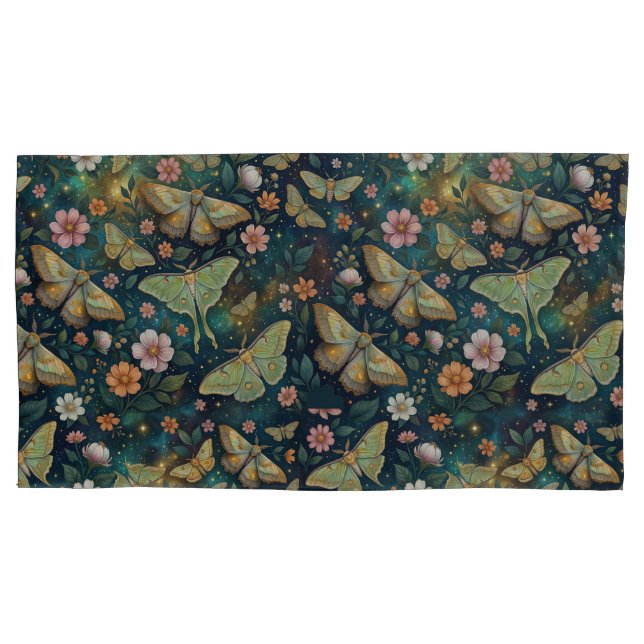 Luna Moth and Moon Phases, Starry Night Flowers Pillowcase (Front-Left)