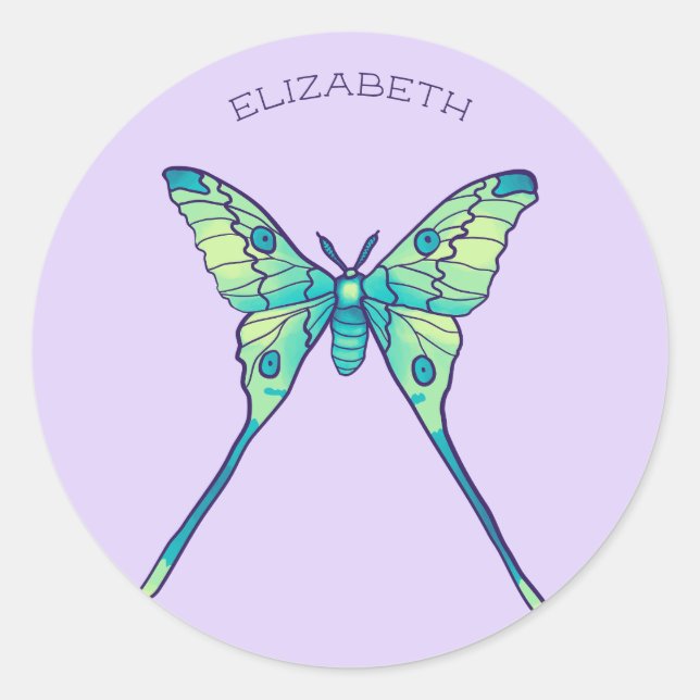 Luna moth butterfly insect green purple name classic round sticker (Front)