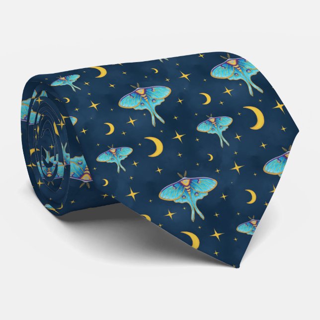 Luna Moth Celestial Moons & Stars Navy  Tie (Rolled)