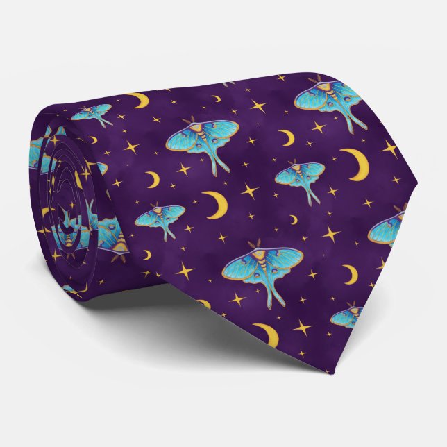 Luna Moth Celestial Moons & Stars Purple Tie (Rolled)