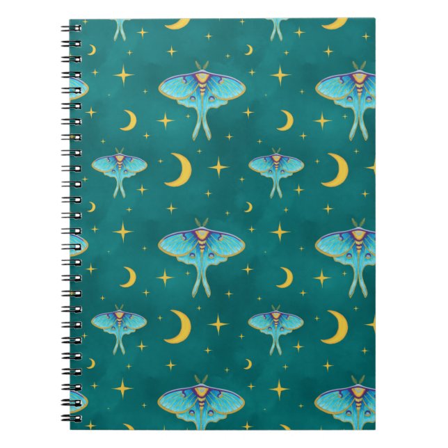 Luna Moth Celestial Moons & Stars Teal Notebook (Front)