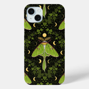 Luna moth, moon phases and ivy damask 2 iPhone 15 mini case
