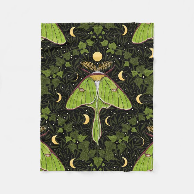 Luna moth, moon phases and ivy damask 2 fleece blanket (Front)