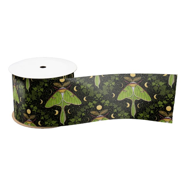 Luna moth, moon phases and ivy damask 2 satin ribbon (Spool)