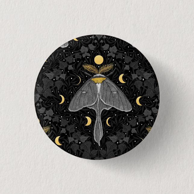Luna moth, moon phases and ivy damask pattern 3 cm round badge (Front)