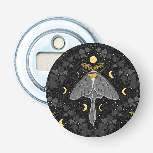 Luna moth, moon phases and ivy damask pattern bottle opener (Front)