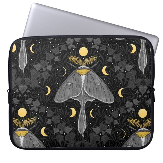Luna moth, moon phases and ivy damask pattern laptop sleeve (Front)