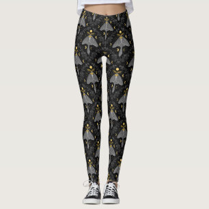 Luna moth, moon phases and ivy damask pattern leggings