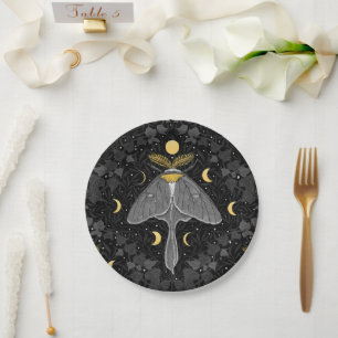Luna moth, moon phases and ivy damask pattern paper plate