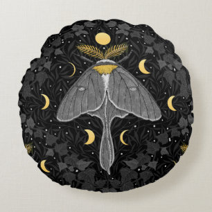 Luna moth, moon phases and ivy damask pattern round cushion
