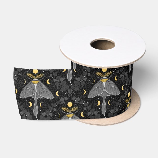 Luna moth, moon phases and ivy damask pattern satin ribbon (Spool)