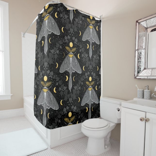 Luna moth, moon phases and ivy damask pattern shower curtain (In Situ)
